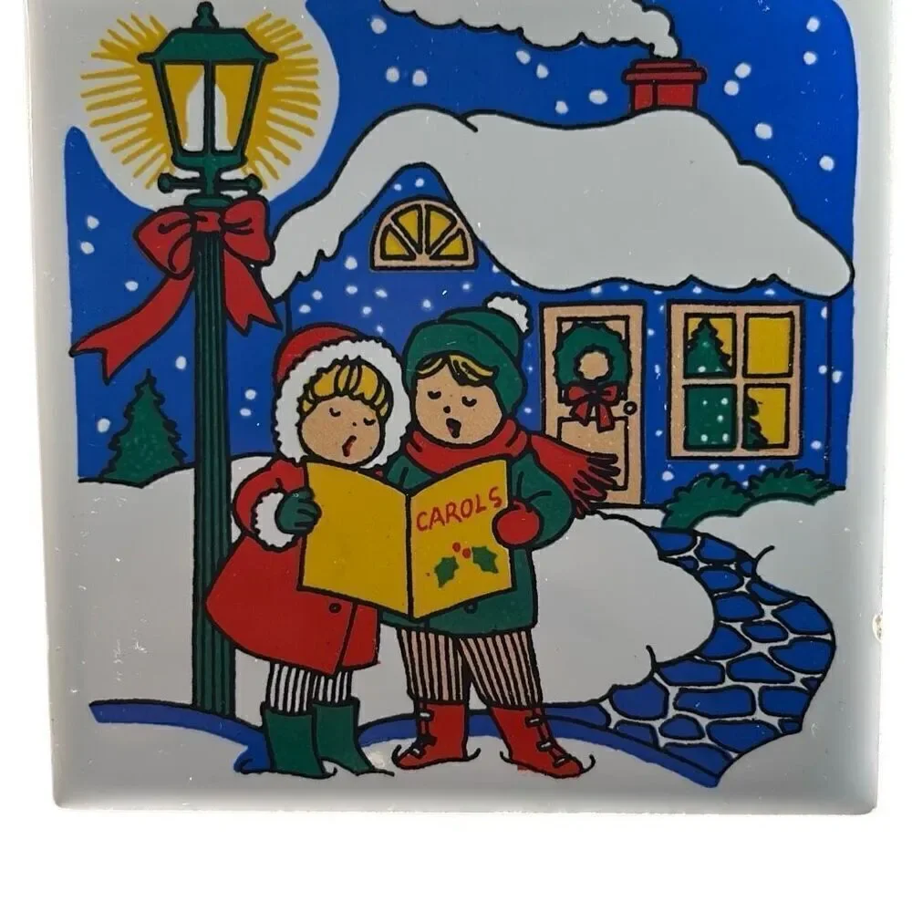 Vintage Holiday Christmas Hot Plate Ceramic Tiles Santa and Carolers